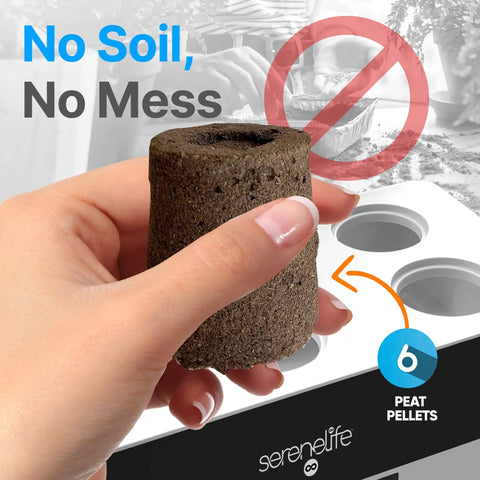 Hand holding peat pellet from Indoor Hydroponic Herb Garden With 4000K Grow Lights Easy Control Panel Water Stick No Soil Mess Free Design Height Adjustable Grows Up To Six Plants Smart LED Indoor Garden For Fresh Herbs
