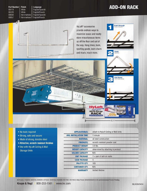 Add-On Storage Rack Accessory For HyLoft 625 And 651 Systems, Hammertone Steel, 2-Pack, Installs In Seconds with tools hanging
