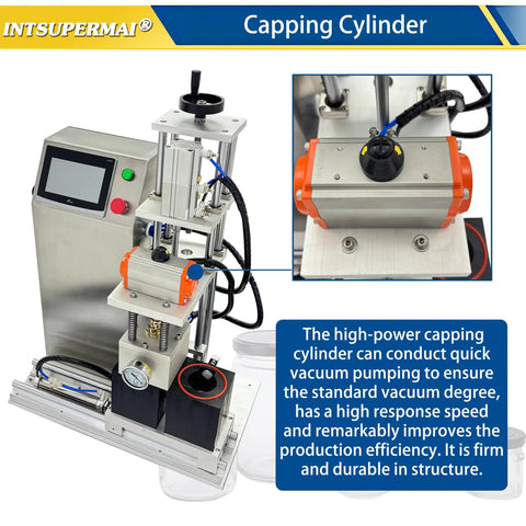 Kick Up Your Sauce Game With This Reliable Dual Head Vacuum Jar Sealer Featuring Quick Touch Controls And Smooth Height Adjustments For Zero Hassle Canning And Lasting Fruit Storage 110V close-up of high-power capping cylinder with touchscreen.