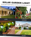 Collage of solar garden lights used in various settings including lawn, garden, patio, and house exterior.