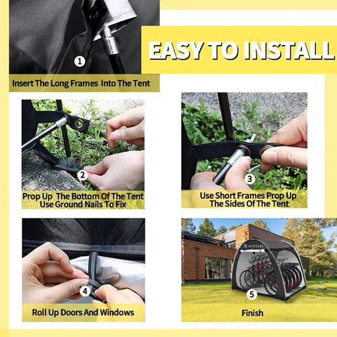 Step-by-step installation of Heavy Duty Bike Tent Shed For Outdoor Storage, featuring frame assembly and setup, outdoors.