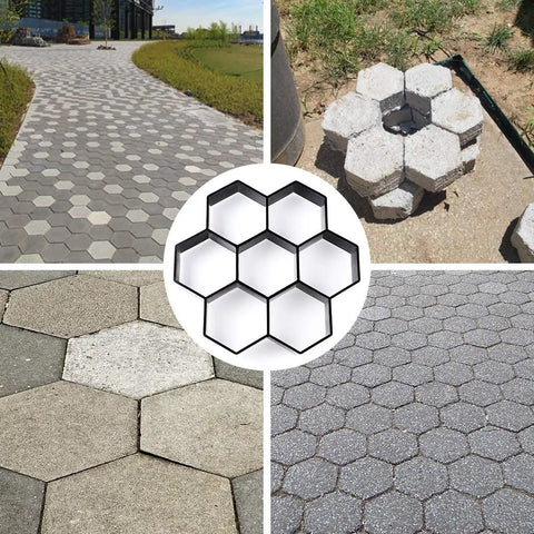 Collage of walkways made with Hexagon Concrete Path Mold For DIY Walkways Reusable 11.4 By 11 By 1.7 Inch ABS Paver Mold.