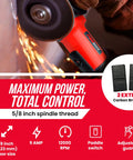 Powerful 9 Amp Four And A Half Inch Angle Grinder with Paddle Switch 12000 RPM, showing sparks during metal grinding, includes two extra carbon brushes