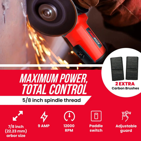 Powerful 9 Amp Four And A Half Inch Angle Grinder with Paddle Switch 12000 RPM, showing sparks during metal grinding, includes two extra carbon brushes