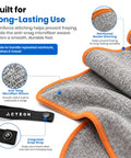 Close-up of reinforced stitching and snap strap of microfiber towel, highlighting anti-snag weave for durability.