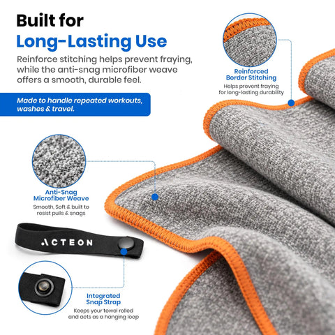 Close-up of reinforced stitching and snap strap of microfiber towel, highlighting anti-snag weave for durability.