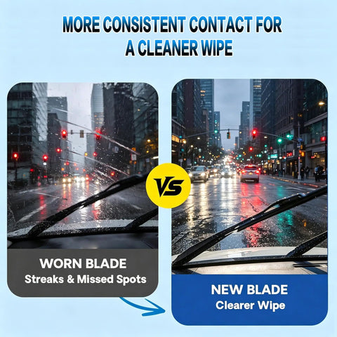 Comparison of worn vs new Straight Up Tough 26 And 16 Inch Windshield Wiper Blades With Heavy Metal Frame for clearer visibility.