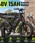 Beast Mode Fat Tire Electric Bike For Adults With 1500W Peak Motor, shown with 48V 15Ah removable battery and dual suspension outdoors