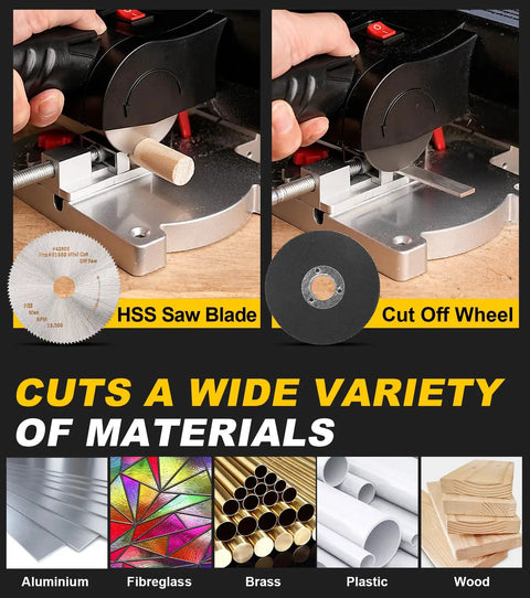 Mini Miter Cut Off Chop Saw For Metal And Wood Crafts, 0 To 45 Degree Miter, 6000 RPM High Speed, Cuts Up To Half Inch Deep And Half Inch Wide