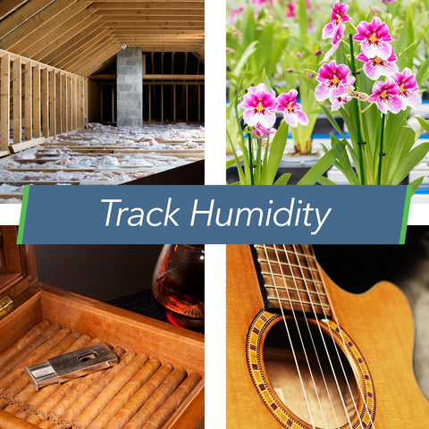 SensorPush humidity monitor collage showing attic, flowers, humidor, and guitar; four environments under Track Humidity