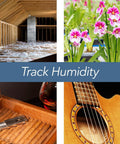 Collage showing humidity themes: attic insulation, pink flowers, cigar humidor, and acoustic guitar with Track Humidity.
