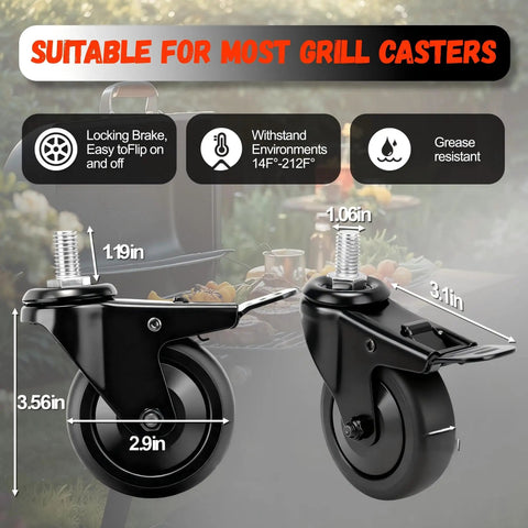 2 Pack 3 Inch Locking Caster Wheels For Pit Boss Pellet Grills Pro Series And Navigator Replacement Stem Casters shown with dimensions