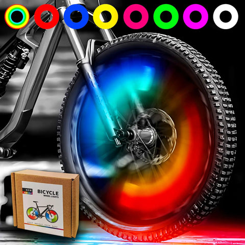 Rechargeable Bike Wheel Lights 2 Pack Weatherproof Spoke Lights for All Wheel Sizes, seven colors and motion sensor on bike.