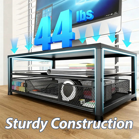 Desk Organizer and Monitor Stand With Drawer and Two Pen Holders for Laptop Setup, Black, supporting 44 lbs, sturdy construction