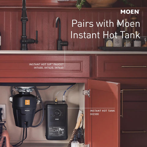 Moen Instant Hot SIP Faucet with Insulated Spout, Spot Resist Stainless, 2-Step Activation and Hands-Free Filling, Requires Tank (Sold Separately), IH7620SRS displayed above Moen Instant Hot Tank.
