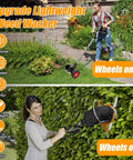 Top: Person using Cordless 3 In 1 Weed Wacker With Battery Power, Stringless Trimmer Brush Cutter And Lawn Edger And Mower in yard.