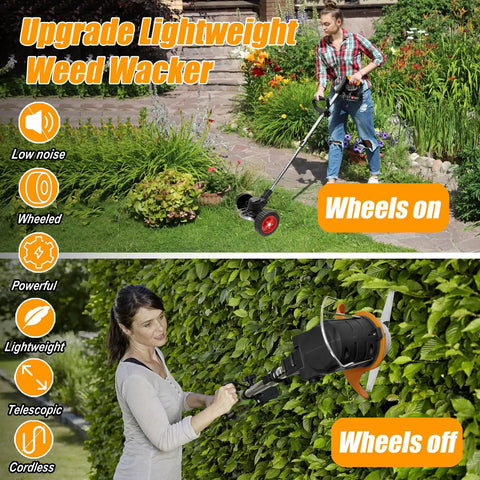 Top: Person using Cordless 3 In 1 Weed Wacker With Battery Power, Stringless Trimmer Brush Cutter And Lawn Edger And Mower in yard.