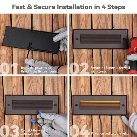 Installation of Dope Low Voltage LED Step Lights Outdoor Dimmable 3W 4W 5W With 5 CCT 12-24V AC DC Landscape Stair Risers 9 Inch Exterior Lighting UL Listed IP65 Oil Rubbed Bronze Aluminum Pack Of 6 in 4 steps shown