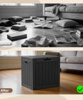 Before and after of a living room with a 35 Gallon Outdoor Storage Box For Deck, Garden, And Patio, Lockable Weatherproof Resin Storage Chest near a sofa.
