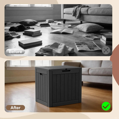 Before and after of a living room with a 35 Gallon Outdoor Storage Box For Deck, Garden, And Patio, Lockable Weatherproof Resin Storage Chest near a sofa.
