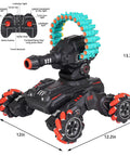 Remote Tank That Shoots Foam Darts, Gesture Sensing RC Battle Tank With 180 Degree Turret, Foam Dart Launcher Reaches 30 Feet, Indoor Outdoor Fun, Perfect Birthday Gift For Kids Aged 6 7 8 9 10 11 12, Red, showing dimensions of the tank, its red and black design, and foam dart capacity.