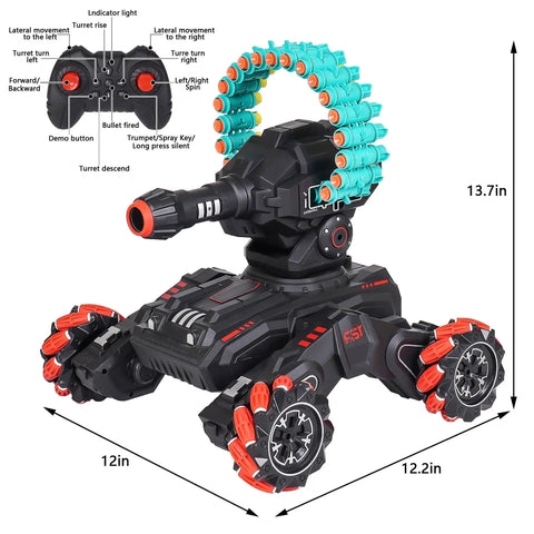 Remote Tank That Shoots Foam Darts, Gesture Sensing RC Battle Tank With 180 Degree Turret, Foam Dart Launcher Reaches 30 Feet, Indoor Outdoor Fun, Perfect Birthday Gift For Kids Aged 6 7 8 9 10 11 12, Red, showing dimensions of the tank, its red and black design, and foam dart capacity.