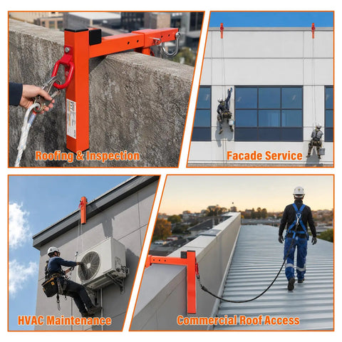 Heavy Duty Parapet Anchor Fall Protection Non Penetrating Rooftop Safety Wall Clamp in use for various rooftop tasks.