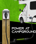 Heavy Duty 50 Amp RV Shore Power Adapter Cord 4 Prong Twist Lock NEMA SS2 50P To 14 50R connected to camper at campground