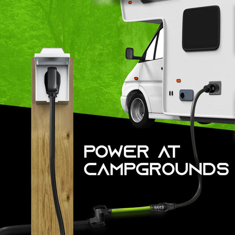 Heavy Duty 50 Amp RV Shore Power Adapter Cord 4 Prong Twist Lock NEMA SS2 50P To 14 50R connected to camper at campground
