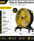 Heavy Duty Industrial Floor Fan 35.8 Inch Brushless Drum Circulator with 91 cm diameter, 500W motor, and 21800 m3h airflow specifications.