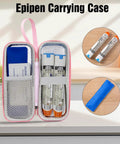 Travel Ready Medical Carrying Case For Allergy On The Go Kit Fits Two Auto Injectors And Inhaler Keeps Meds Cool With Ice Pack Includes Antihistamines And Essentials NFC Programmable Medical Warning Tags Pink open pink case with two injectors and ice pack