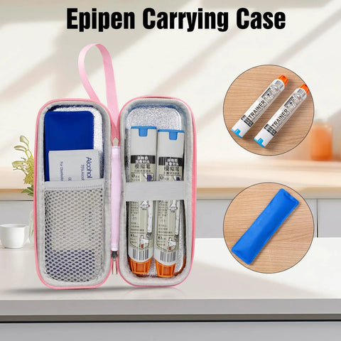 Travel Ready Medical Carrying Case For Allergy On The Go Kit Fits Two Auto Injectors And Inhaler Keeps Meds Cool With Ice Pack Includes Antihistamines And Essentials NFC Programmable Medical Warning Tags Pink open pink case with two injectors and ice pack