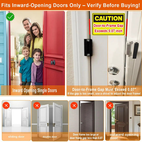 Heavy Duty Door Reinforcement Lock For Inside Use Upgraded Front Door Security For Kids Withstand 800 Lbs Of Force Child Proof Door Lock Extra Barrier From Inside 2 Pack Black shown on inward-opening door with installation guide.