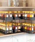 Pull Out Spice Rack Organizer For Cabinets, 3 Pack Slide Out Pantry Shelves, Black Double Tier with spice jars visible.