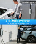 Portable J1772 EV Charger Level 1 And 2 With 25Ft Cable For Outdoor Use, man charging car with wall-mounted unit