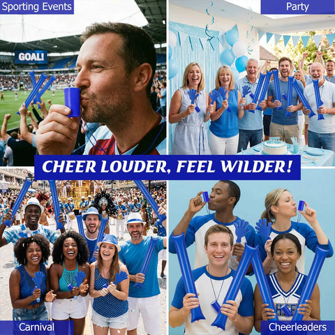 Collage using Cheering Noisemakers Set With 12 Mini Air Horns, 12 Hand Clappers, And 24 Thunder Sticks Blue for celebrations