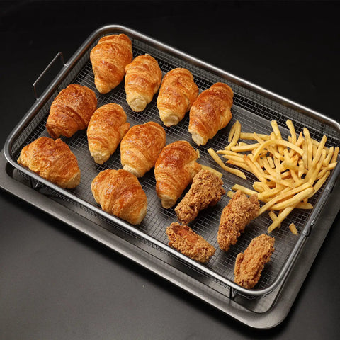 Extra Large Oven Air Fryer Basket Set with croissants, fries, and chicken on Stainless Steel Tray, 17.5 x 11.8 Inches, Gray