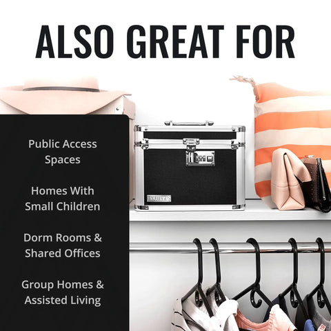 Heavy Duty Combination Lock Box For Documents And Valuables With Safe Storage, shown on a shelf with hats and bags.