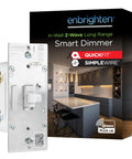 Slick Z Wave Long Range Dimmer Switch With Classic Toggle Design For Effortless Smart Home Control Compatible With Alexa And Google Assistants For No Sweat Diy Installation next to packaging in a modern kitchen.