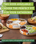 Top Shelf Large Round Ceramic Taco Lazy Susan Rotating Serving Tray With Six Heavy Duty Bowls arranged with food, showing two sizes.