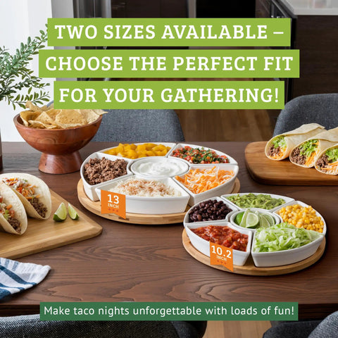 Top Shelf Large Round Ceramic Taco Lazy Susan Rotating Serving Tray With Six Heavy Duty Bowls arranged with food, showing two sizes.