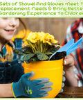 Child using 24 Piece Kid Friendly Garden Tool Set With Mini Colorful Metal Shovels And Gloves near yellow flowers in a pot