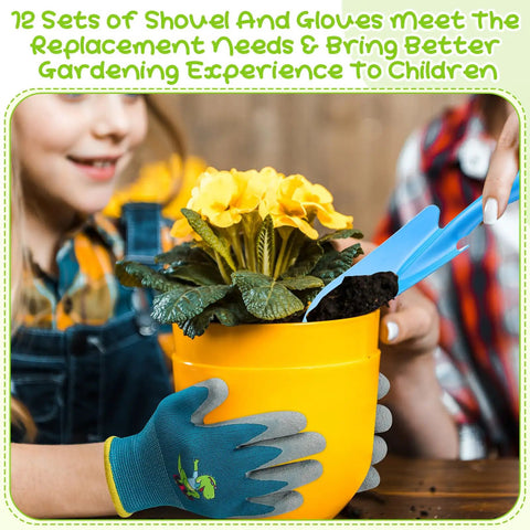 Child using 24 Piece Kid Friendly Garden Tool Set With Mini Colorful Metal Shovels And Gloves near yellow flowers in a pot