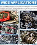 Close-up collage of machinery and automotive uses with Woodruff Key Stock Assortment Set 175 Pieces 15 Sizes Carbon Steel.