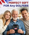 Patriotic US Flag Golf Rangefinder Hard Shell Case With Magnetic Closure held by elderly man, flanked by younger adults, indoors.