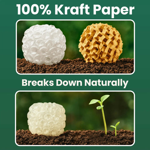 100% kraft paper honeycomb and bubble wrap alternative, eco-friendly, breaks down naturally, sustainable packaging material.
