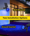 Blue Solar Spotlight Outdoor Lights Waterproof Auto On Off 180 Degree Adjustable For Trees Patio Yard Garden Driveway And Pool Area Twin Pack Perfect For Gardens Walkways And Outdoor Spaces, wall mounted and ground inserted options shown.