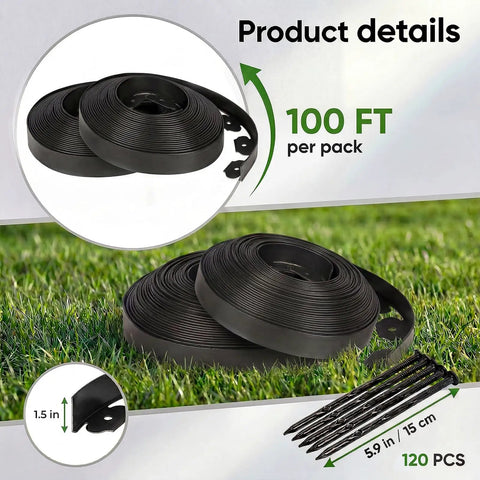 Landscape Edging Kit 1.5 Inch By 100 Foot Plastic Garden Border With 120 Spikes No Dig Black Border on grass with stakes