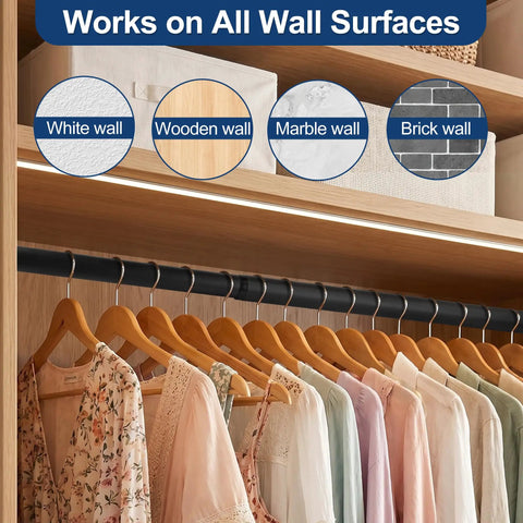 Adjustable Closet Rod Heavy Duty Tension Pole No Cutting Required 17 to 99 Inches 1.3 Inch Diameter with Hardware Kit Black for Closet Organization Laundry Room and RV installed displaying hanging clothes and wall compatibility