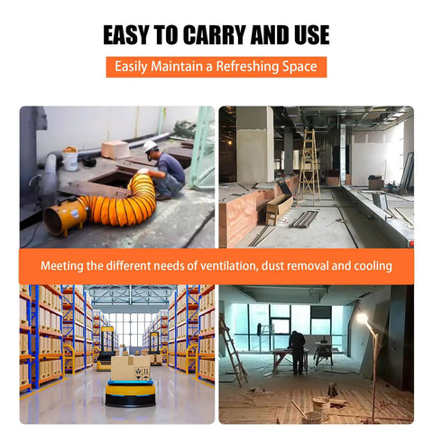 Powerful 12-Inch High Velocity Portable Blower Fan ventilating construction site, basement, and warehouse with 33ft duct hose